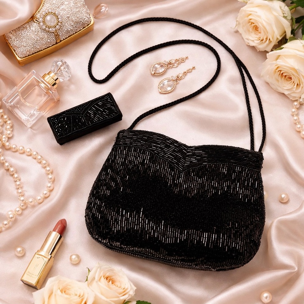 Vintage Art Deco Glam Beaded Evening Bag - Beaded Flapper- Black & Lipstick Case